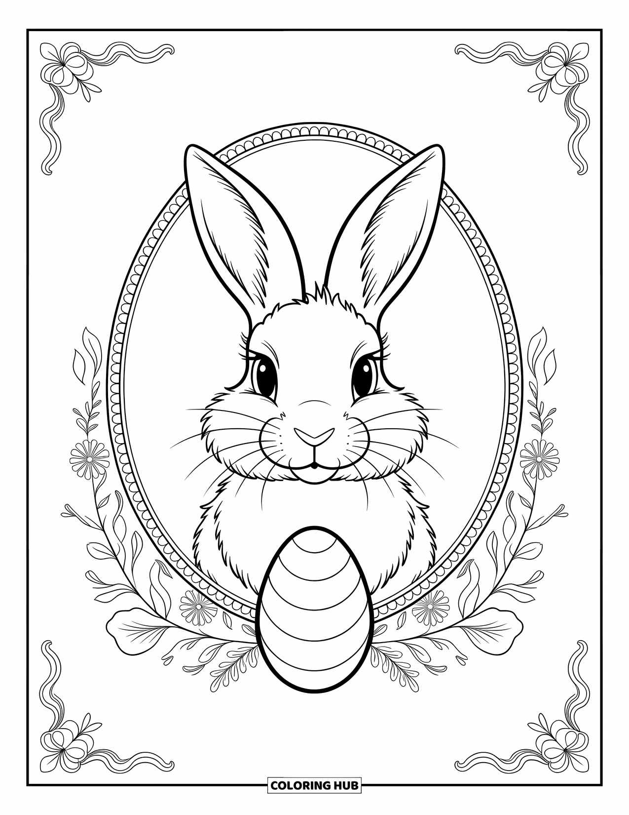 Desenho de Coelho da Páscoa para colorir para adultos: Um elegante retrato de Coelho da Páscoa cercado por padrões de renda floral e um ovo decorado