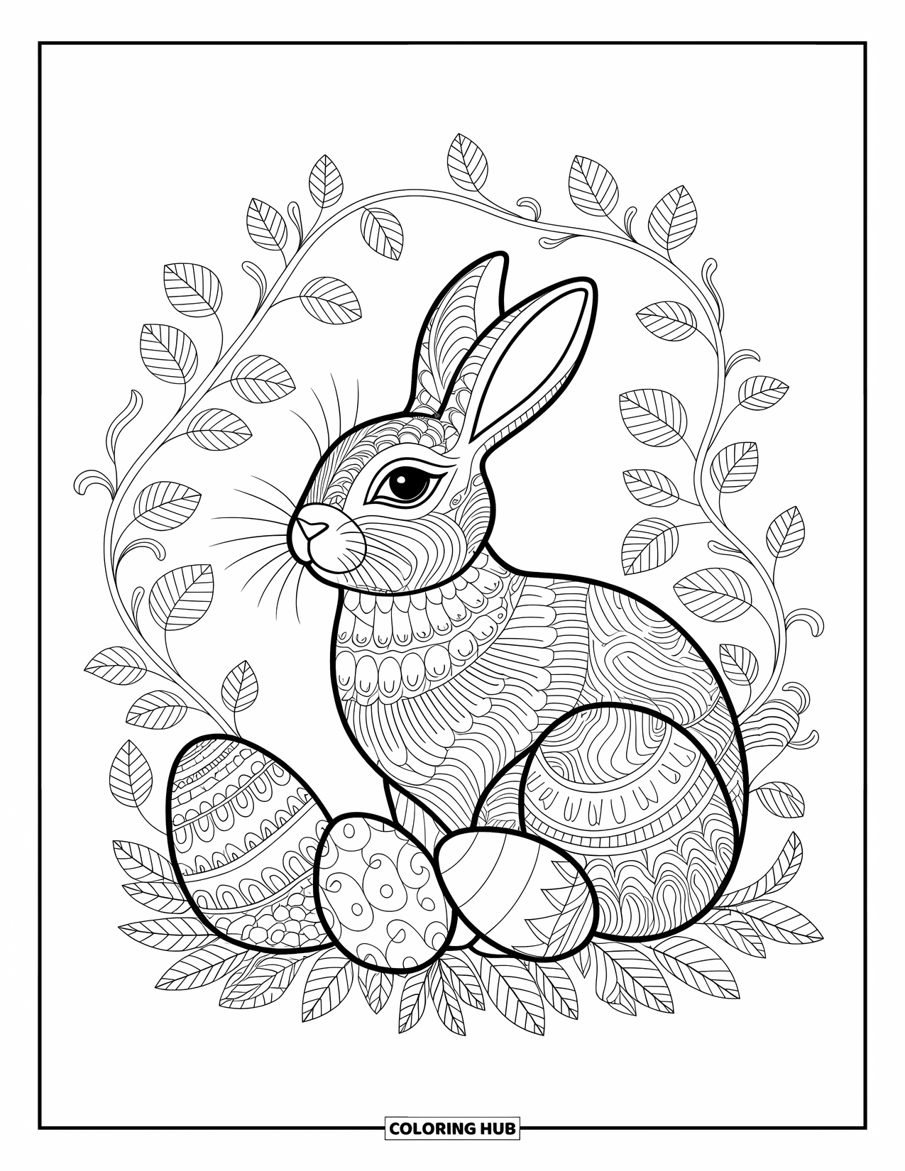 Desenho de Coelho da Páscoa para colorir para adultos: Um Coelho da Páscoa com design intrincado senta-se entre vinhas, flores e ovos de Páscoa detalhados