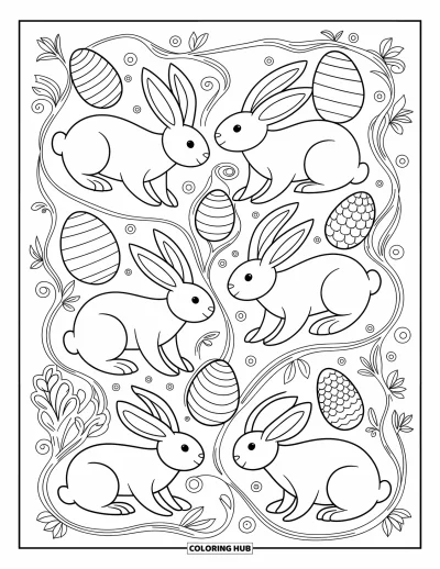 Coloriage de lapin de Pâques pour adultes : Des lapins dans des poses joueuses se faufilent parmi des vignes et des motifs tourbillonnants, créant une composition fantaisie