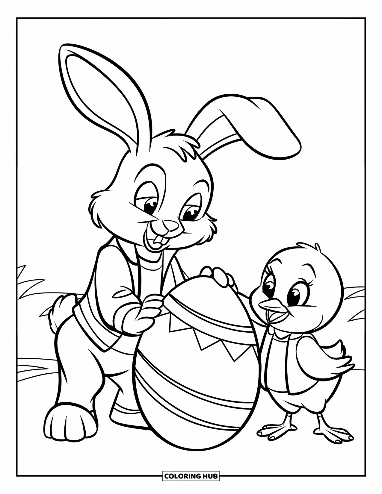 Desenho de Coelho da Páscoa para colorir para crianças: Um coelho e um pintinho em trajes admiram um ovo estampado em um campo gramado