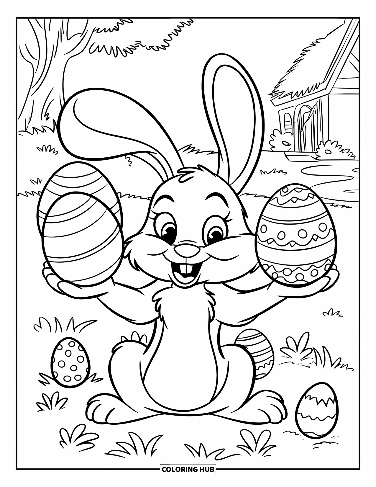 Desenho de Coelho da Páscoa para colorir para crianças: Um coelho equilibra cuidadosamente três ovos de Páscoa em suas patas enquanto está sentado em um campo gramado