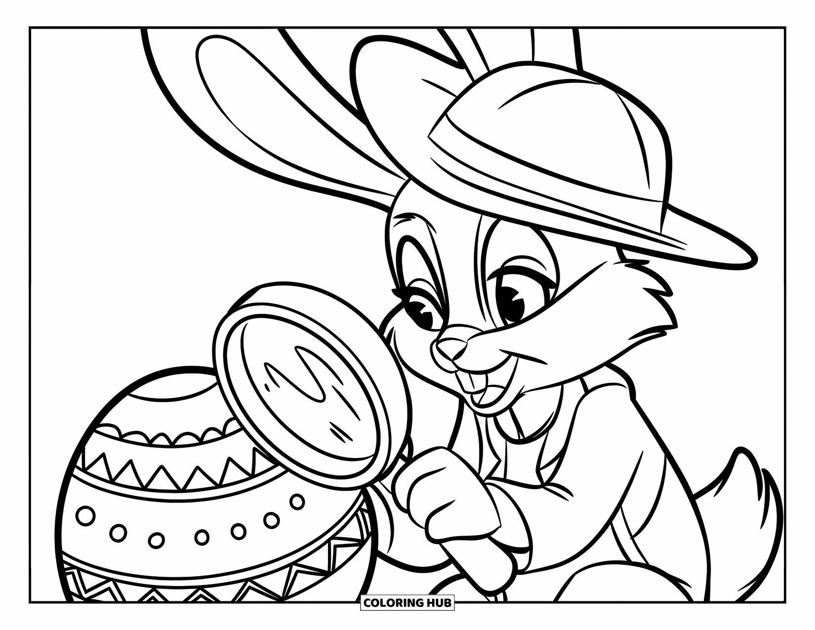 Desenho de Coelho da Páscoa para colorir para crianças: Um coelho detetive de chapéu inspeciona um ovo com uma lupa, procurando detalhes secretos