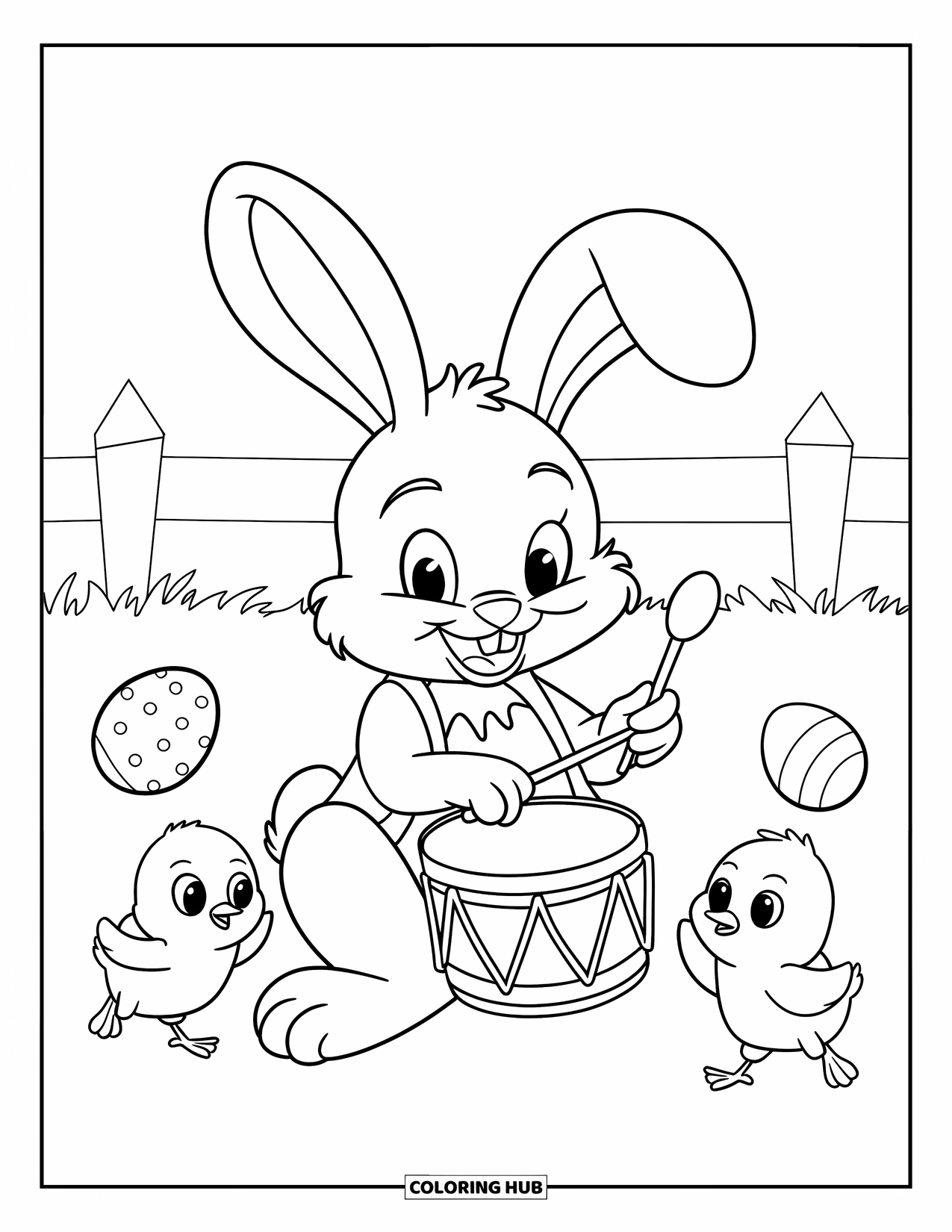 Desenho de Coelho da Páscoa para colorir para crianças: Um coelho baterista toca alegremente enquanto pintinhos pulam e ovos rolam em um campo gramado
