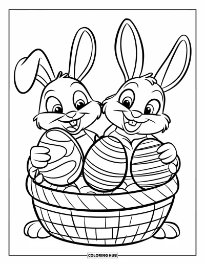 Coloriage de lapin de Pâques pour enfants : Une famille de lapins se rassemble autour d’un grand panier de Pâques, chacun tenant un œuf décoré
