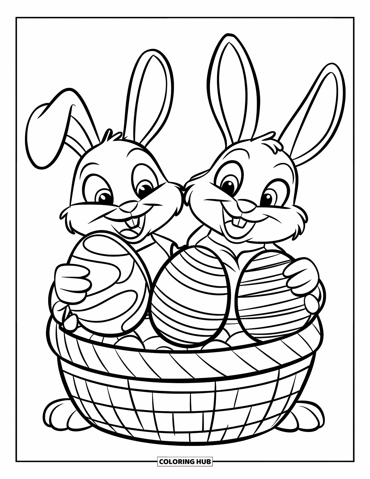 Desenho de Coelho da Páscoa para colorir para crianças: Uma família de coelhos se reúne em torno de uma grande cesta de Páscoa, cada um segurando um ovo decorado