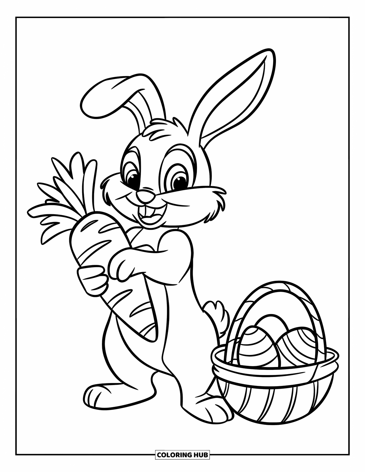 Desenho de Coelho da Páscoa para colorir para crianças: Um coelho segura alegremente uma cenoura gigante, em pé ao lado de uma cesta cheia de ovos de Páscoa