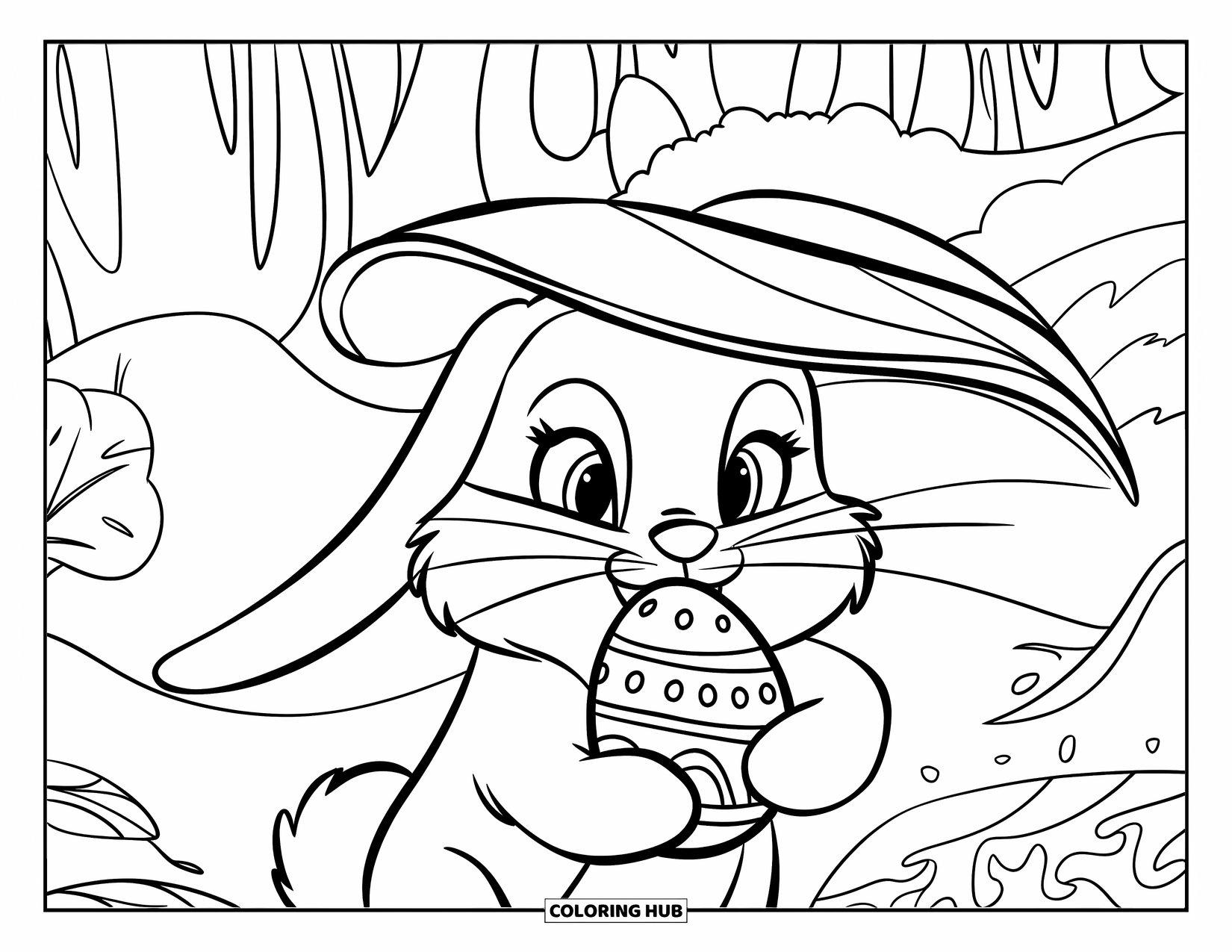 Desenho de Coelho da Páscoa para colorir para crianças: Um coelho se esconde sob uma folha, embalando um ovo decorado em um ambiente florestal aconchegante