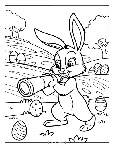 Coloriage de lapin de Pâques pour enfants : Un lapin tient une longue-vue et cherche des œufs de Pâques cachés à travers des collines et des arbres