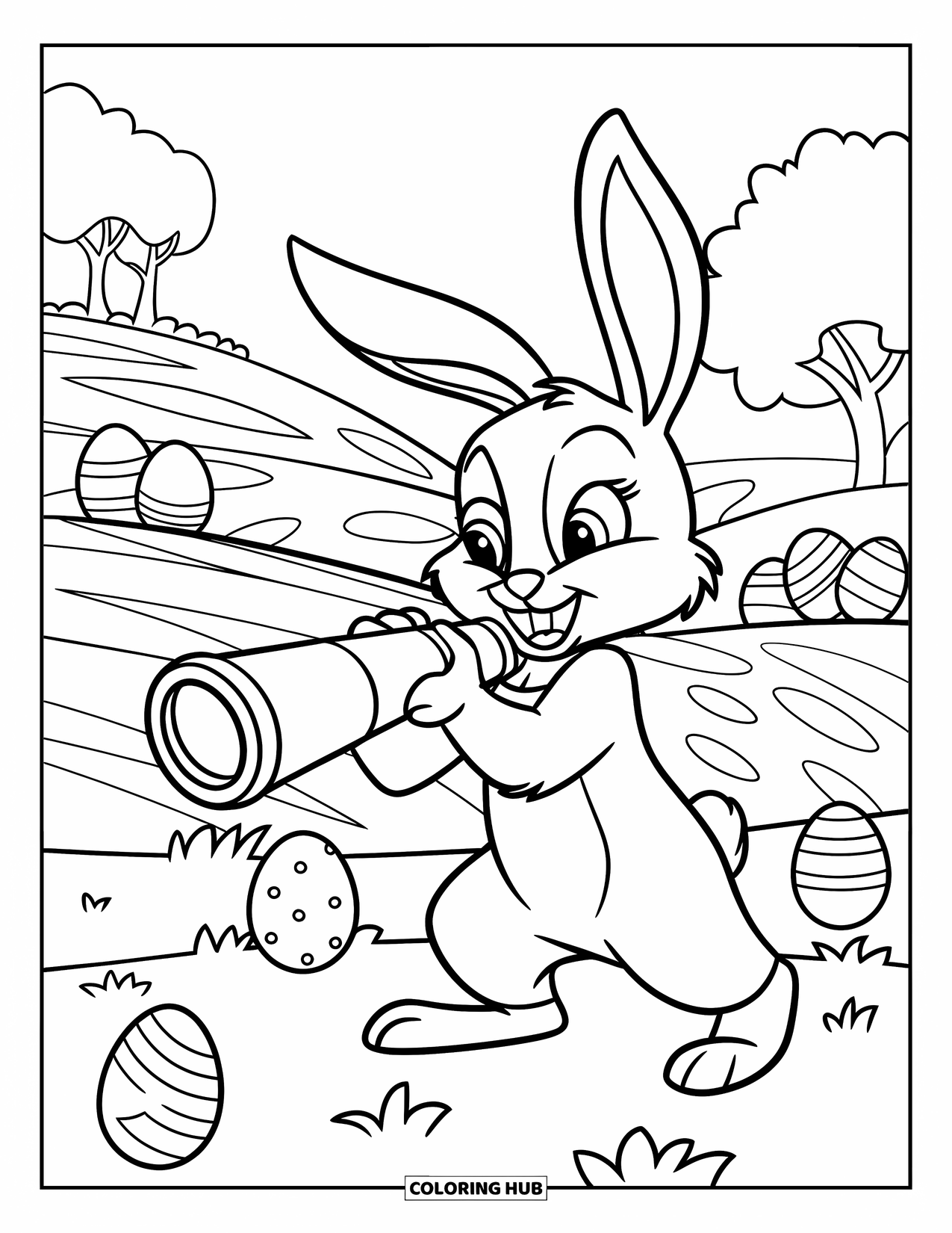 Desenho de Coelho da Páscoa para colorir para crianças: Um coelho segura um telescópio, procurando por ovos de Páscoa escondidos através de colinas e árvores