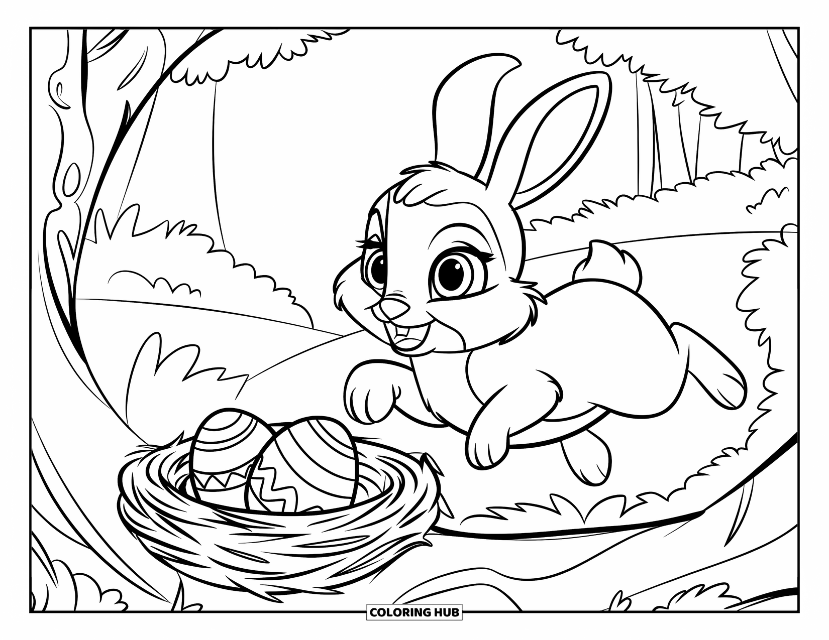 Desenho de Coelho da Páscoa para colorir para crianças: Um coelho pula em direção a um ninho de ovos estampados descansando em um galho de árvore