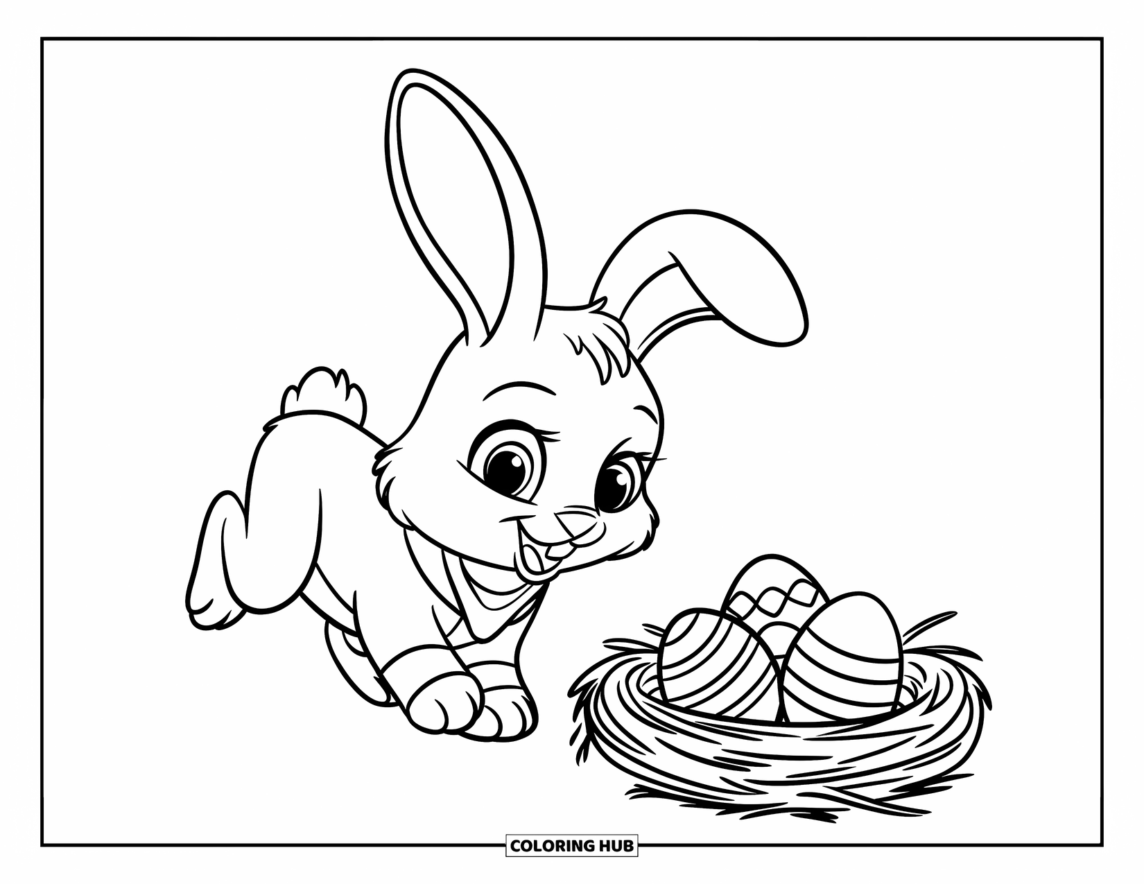 Desenho de Coelho da Páscoa para colorir para crianças: Um coelho com uma bandana pula em direção a um ninho de ovos estampados colocados no chão