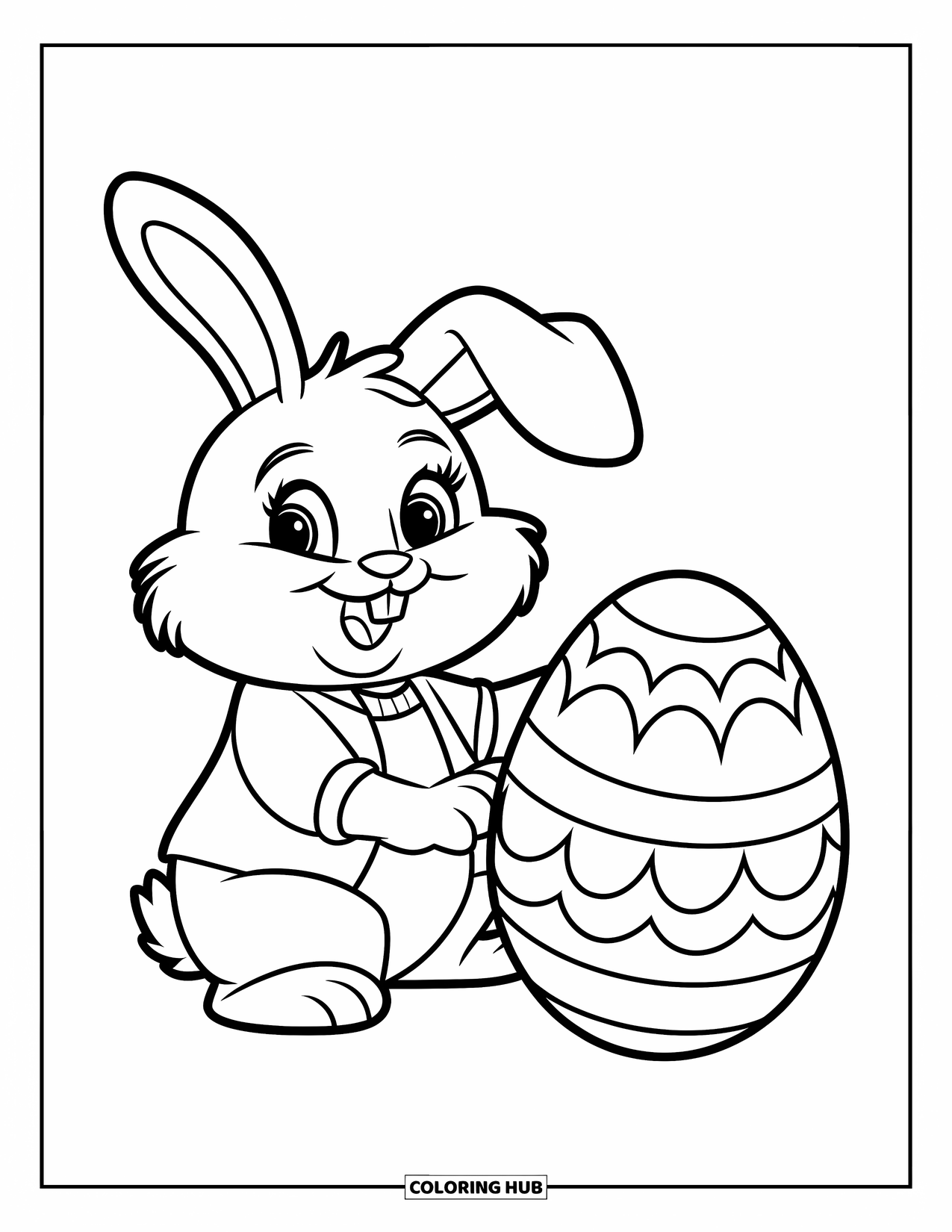 Desenho de Coelho da Páscoa para colorir para crianças: Um coelho com uma camisa azul e colete vermelho está sentado alegremente ao lado de um ovo grande