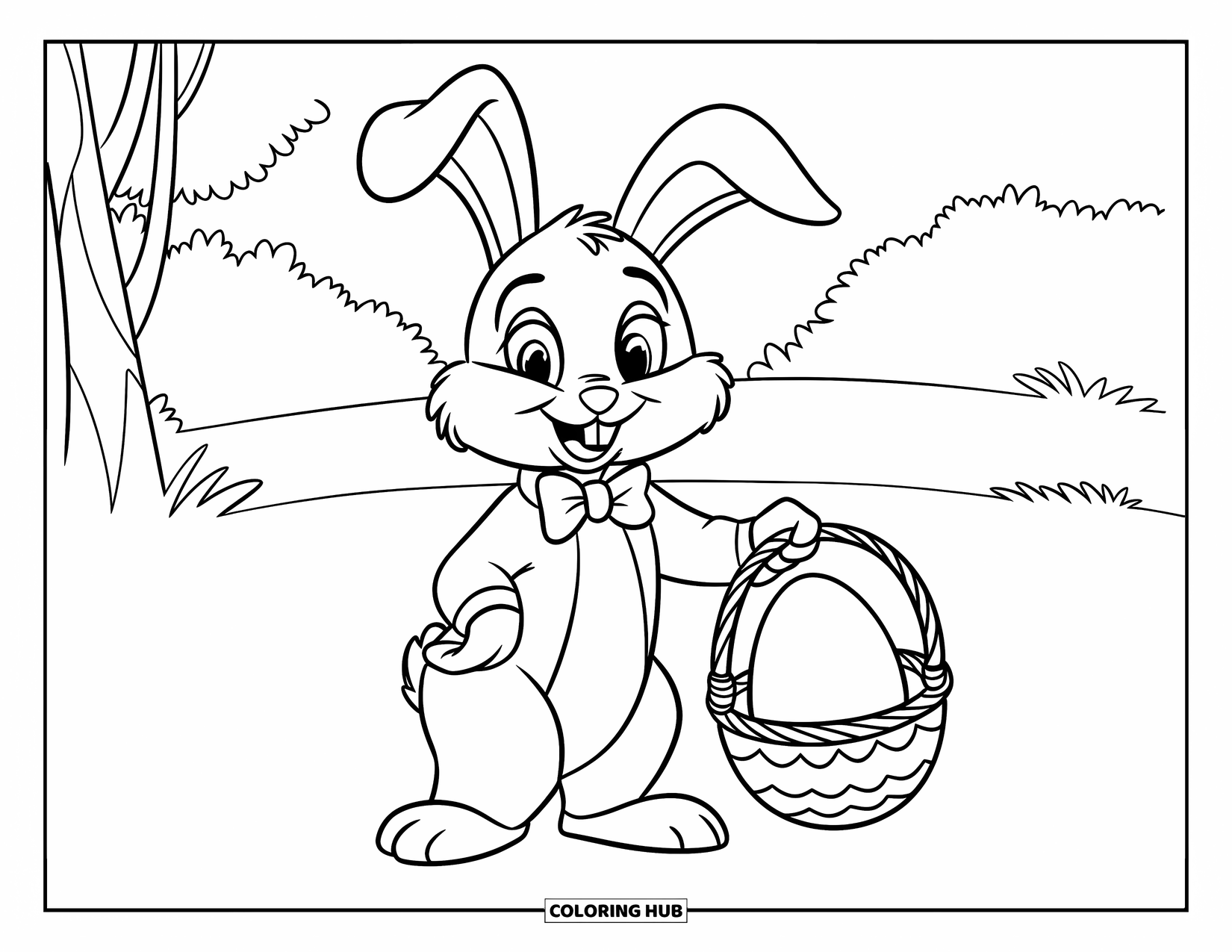 Desenho de Coelho da Páscoa para colorir para crianças: Um coelho de gravata borboleta carrega uma cesta com um ovo grande, com árvores ao fundo
