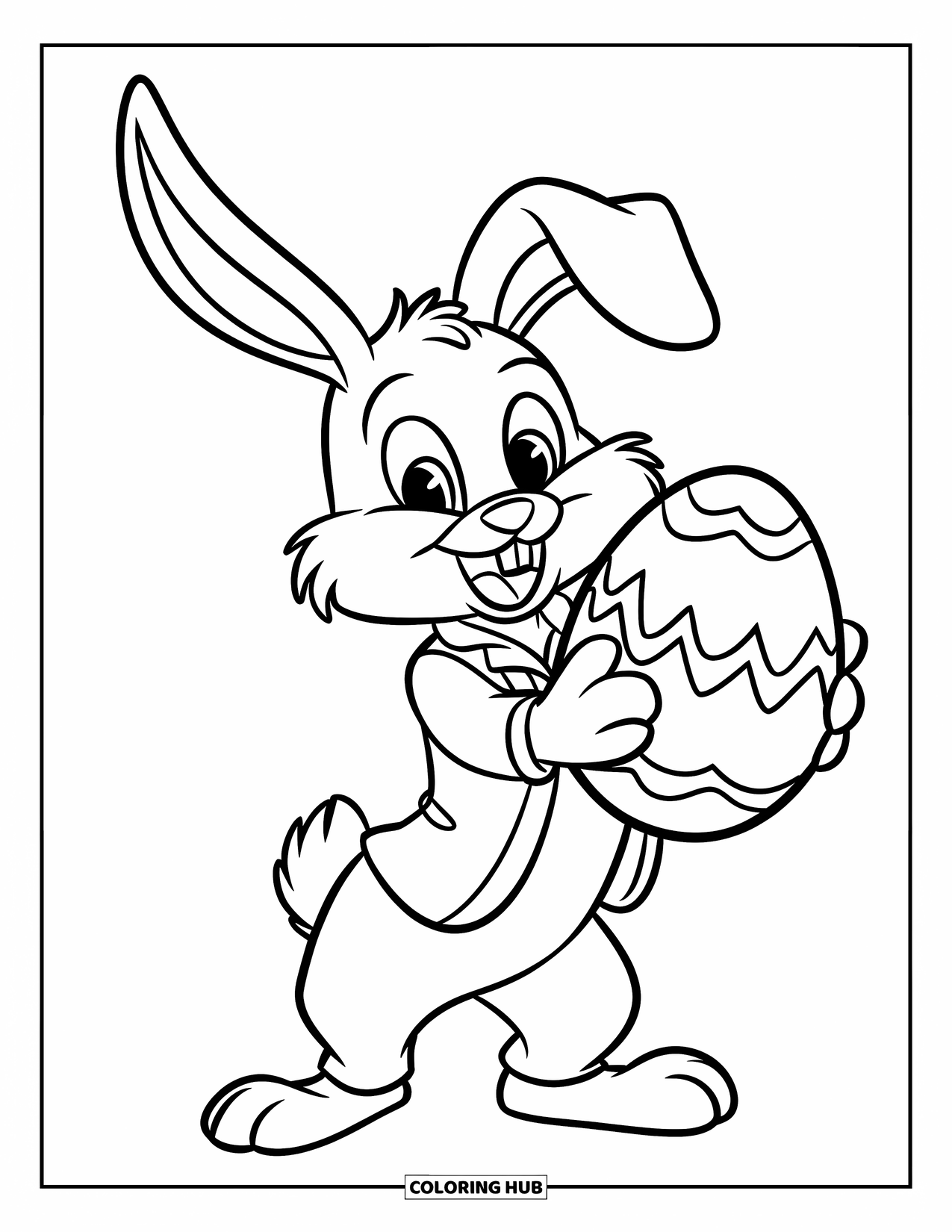 Desenho de Coelho da Páscoa para colorir para crianças: Um coelho em um terno verde está em pé sobre as patas traseiras, segurando alegremente um ovo de Páscoa grande