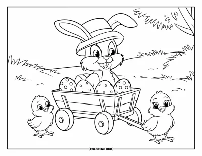 Coloriage de lapin de Pâques pour enfants : Un lapin avec un chapeau est assis dans une charrette pleine d’œufs, tirée par deux minuscules poussins