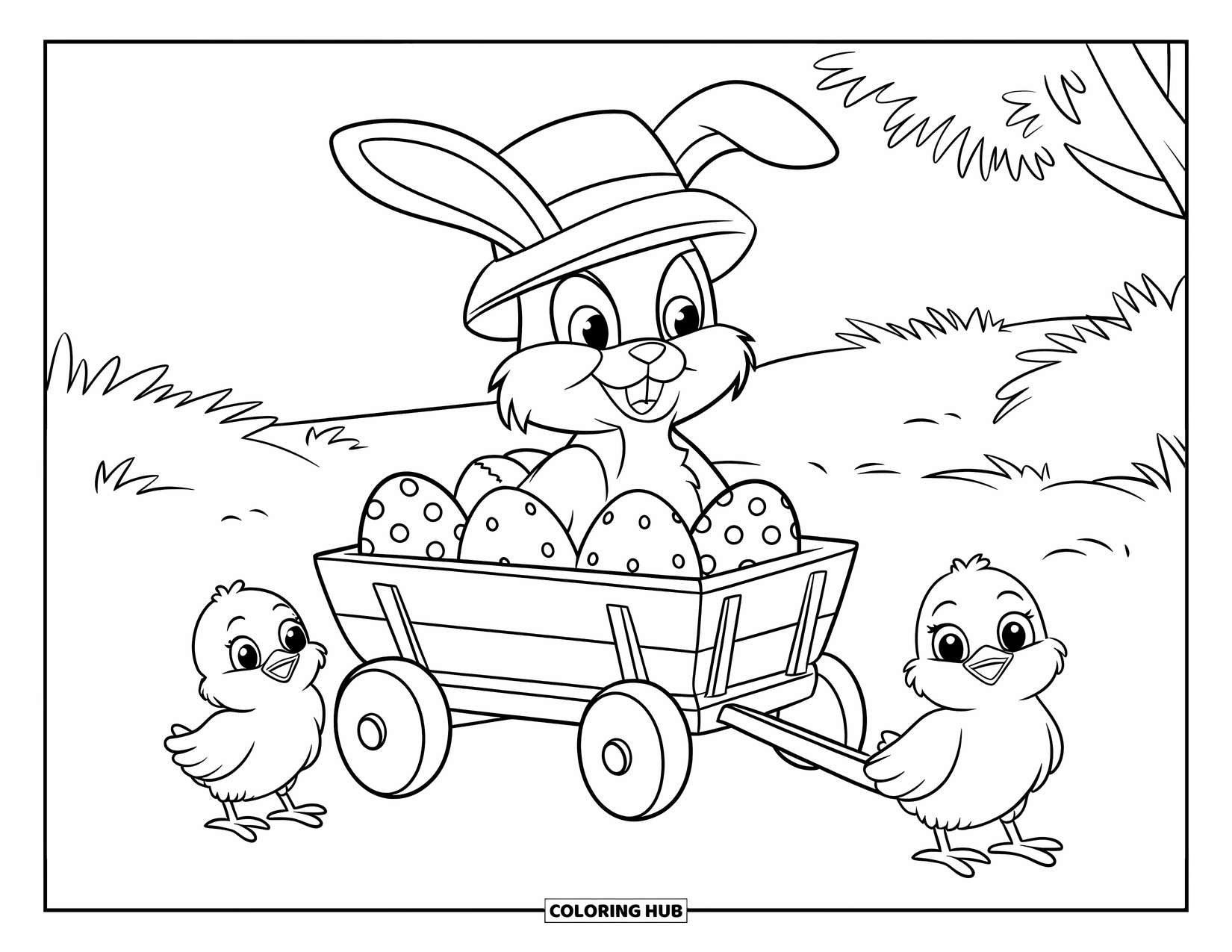 Desenho de Coelho da Páscoa para colorir para crianças: Um coelho de chapéu está sentado em uma carroça cheia de ovos, puxada por dois pintinhos minúsculos