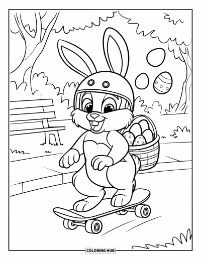 Coloriage de lapin de Pâques pour enfants : Un lapin avec un casque patine dans un parc avec un panier plein d’œufs de Pâques qui bondissent