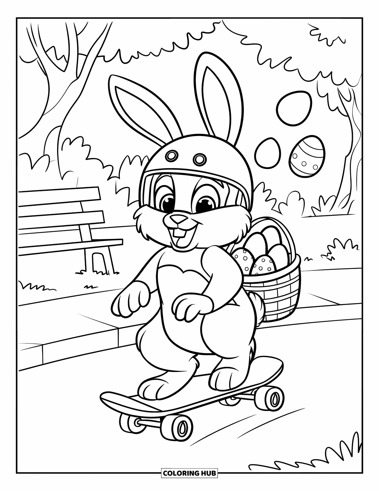 Desenho de Coelho da Páscoa para colorir para crianças: Um coelho de capacete anda de skate em um parque com uma cesta cheia de ovos de Páscoa saltitantes