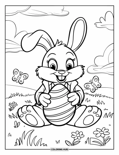Coloriage de lapin de Pâques pour enfants : Un lapin en veste et chemise est assis dans l’herbe, tenant un grand œuf entouré de fleurs