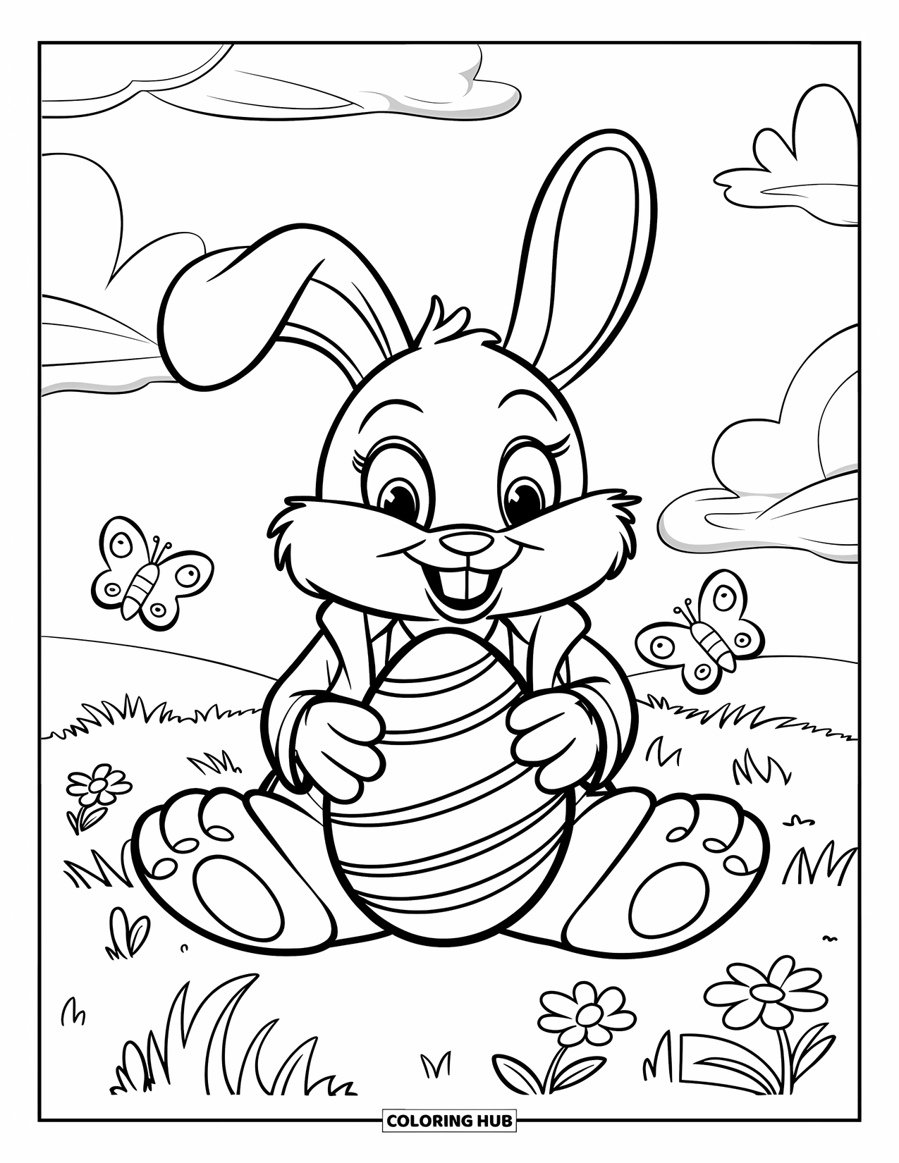 Desenho de Coelho da Páscoa para colorir para crianças: Um coelho de jaqueta e camisa está sentado em um campo gramado, segurando um ovo grande com flores ao redor