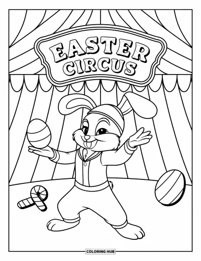 Coloriage de lapin de Pâques pour enfants : Un lapin en combinaison lance un œuf sous un chapiteau marqué 