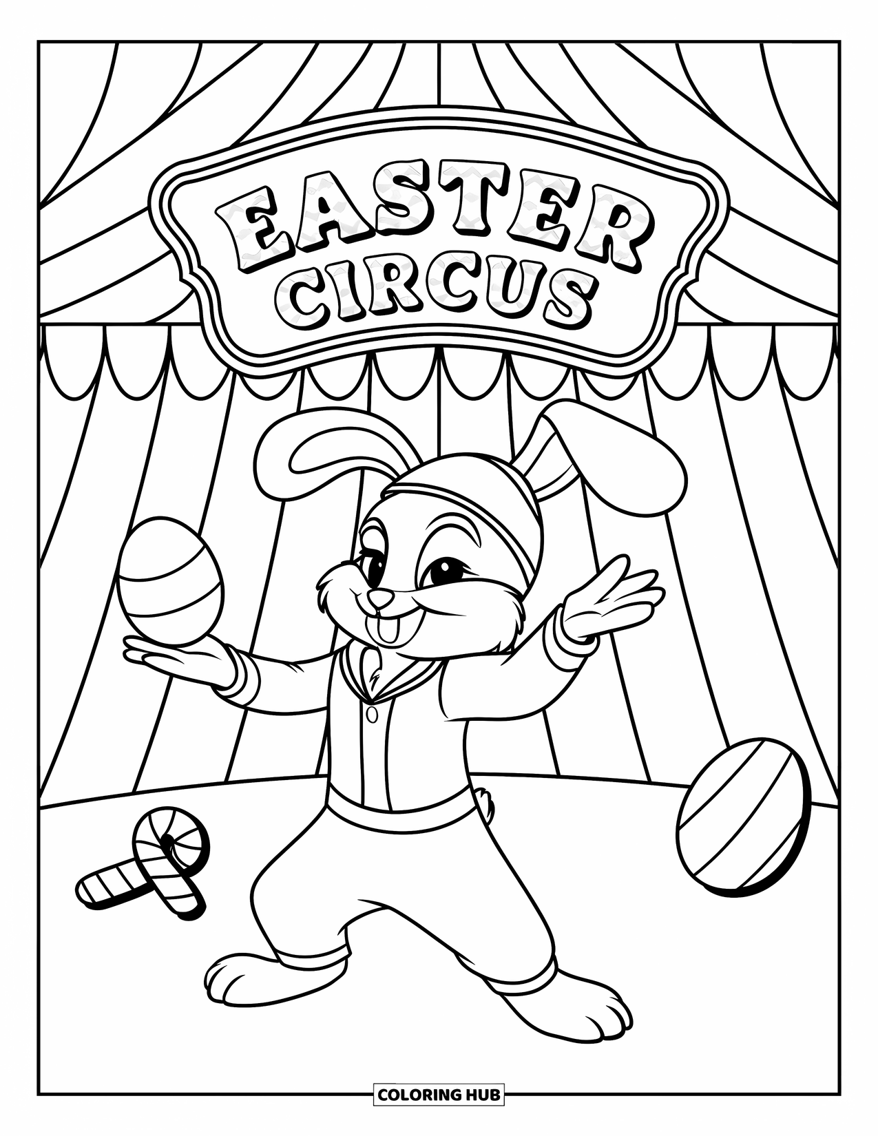 Desenho de Coelho da Páscoa para colorir para crianças: Um coelho em um macacão joga um ovo sob uma tenda de circo rotulada como 