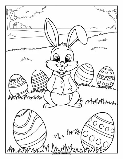 Coloriage de lapin de Pâques pour enfants : Un lapin en manteau rouge est assis sur une colline herbeuse, entouré d’œufs aux motifs variés