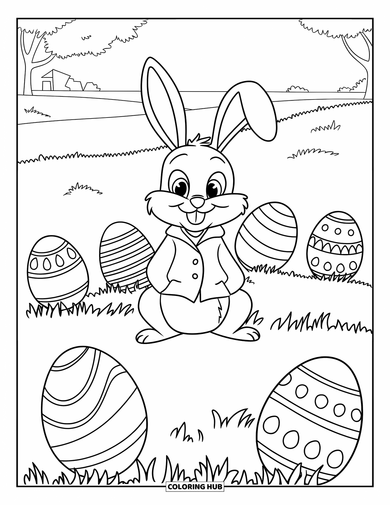 Desenho de Coelho da Páscoa para colorir para crianças: Um coelho em um casaco vermelho está sentado em uma colina gramada, cercado por ovos em vários padrões