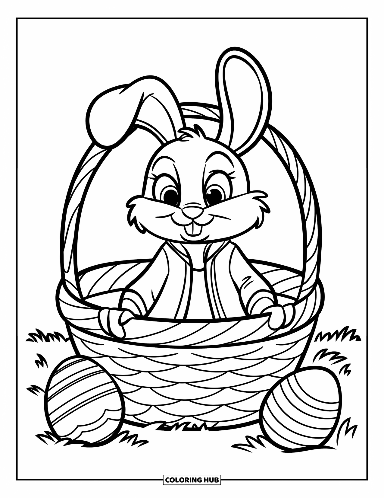 Desenho de Coelho da Páscoa para colorir para crianças: Um coelho em uma jaqueta vermelha está sentado dentro de uma cesta em um campo gramado com ovos por perto
