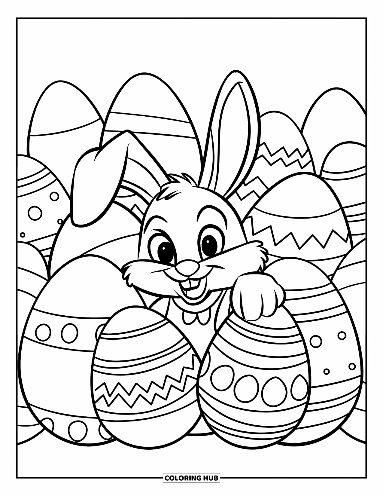 Desenho de Coelho da Páscoa para colorir para crianças: Um coelho em uma roupa vermelha se esconde atrás de uma pilha de ovos, alguns empilhados uns sobre os outros