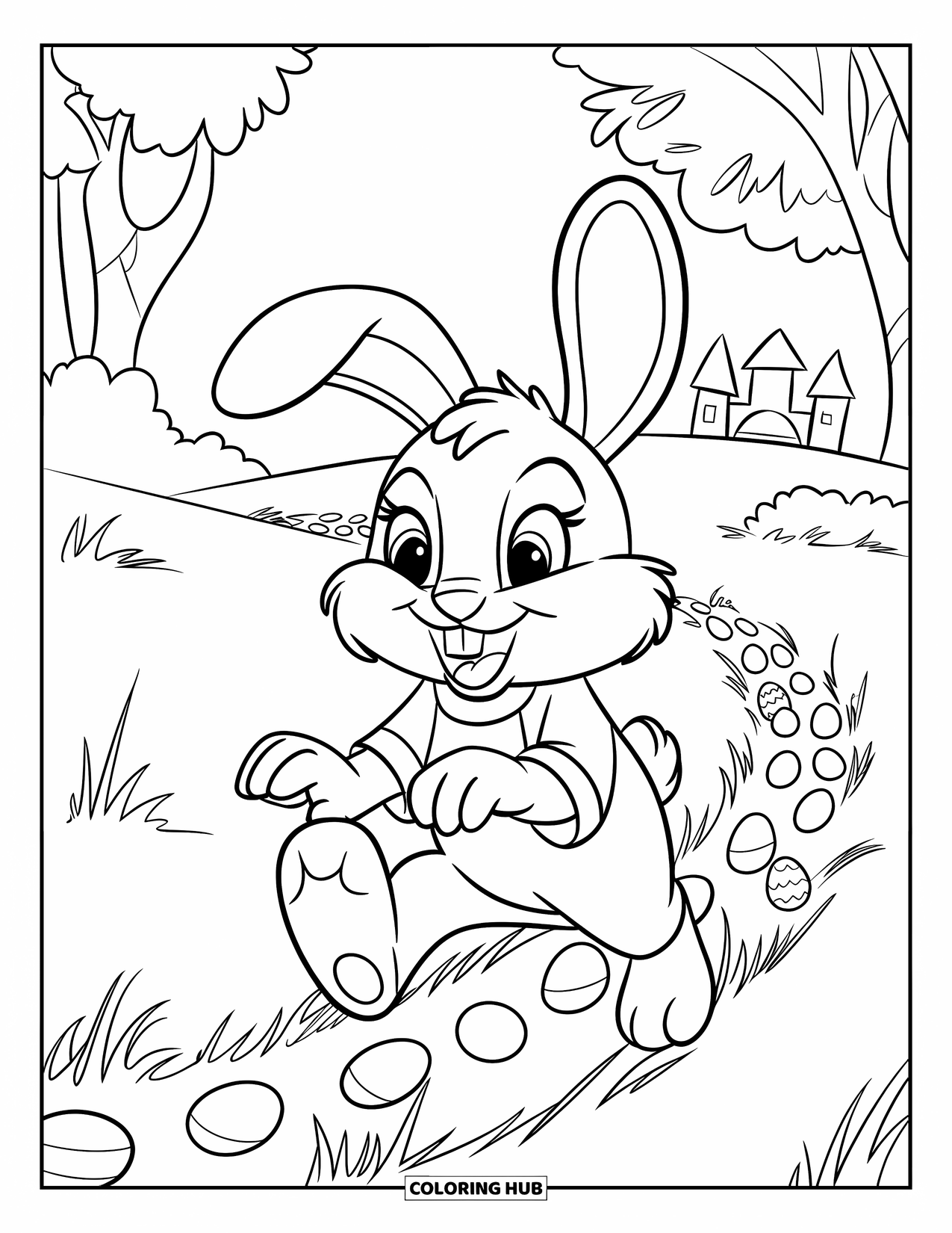 Osterhase Ausmalbild für Kinder: Ein Hase in einem roten Outfit hüpft durch ein grasbewachsenes Feld und hinterlässt kleine Ostereier