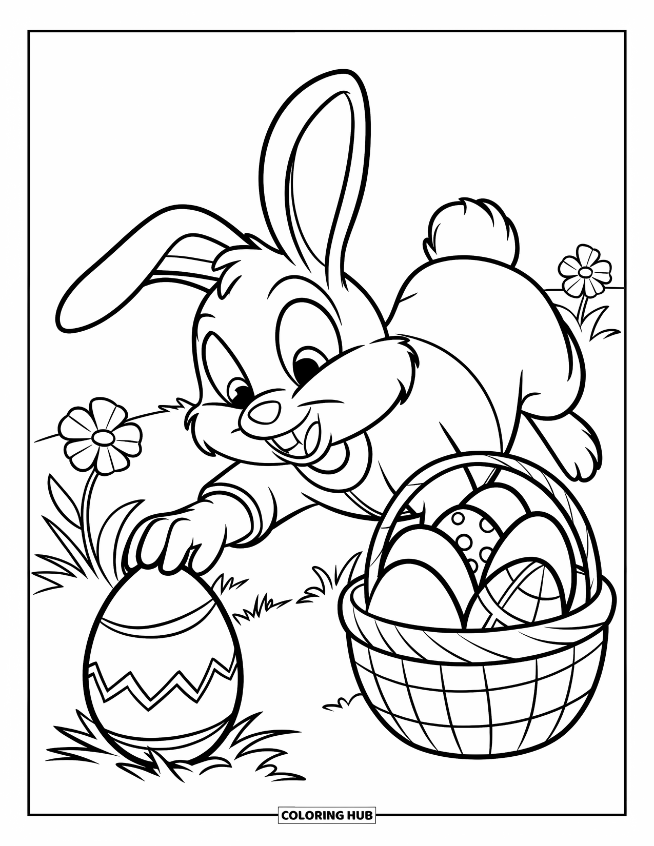 Desenho de Coelho da Páscoa para colorir para crianças: Um coelho em uma roupa vermelha alcança um ovo com um caule verde, ao lado de uma cesta de ovos