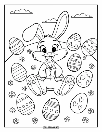 Coloriage de lapin de Pâques pour enfants : Un lapin en costume rouge sourit sur une colline, entouré d’œufs de Pâques décorés