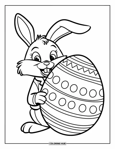 Coloriage de lapin de Pâques pour enfants : Un lapin en costume rouge passe la tête derrière un œuf de Pâques à pois
