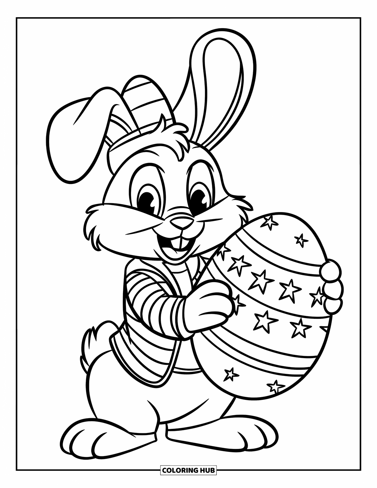 Desenho de Coelho da Páscoa para colorir para crianças: Um coelho de jaqueta e chapéu listrados segura um ovo de Páscoa grande com padrões de estrelas