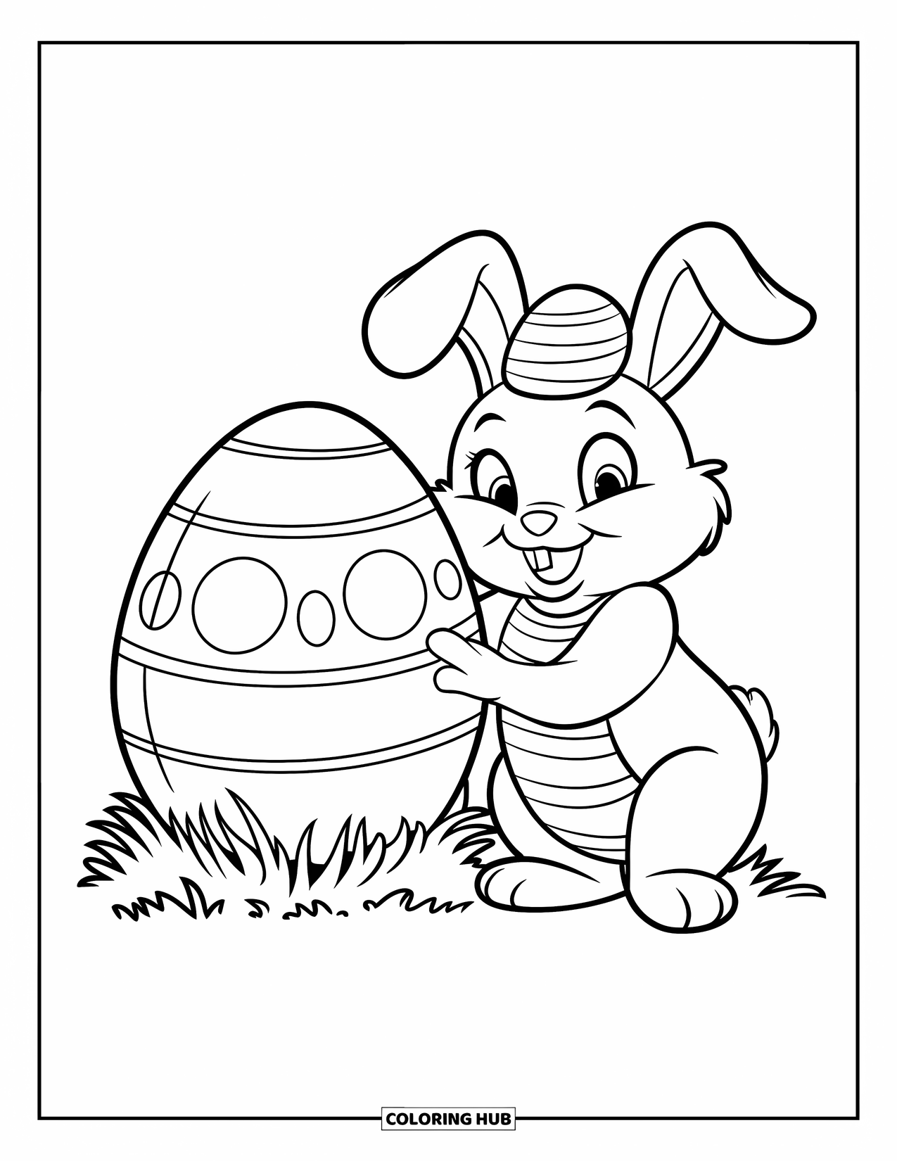 Desenho de Coelho da Páscoa para colorir para crianças: Um coelho em uma roupa listrada está sentado ao lado de um ovo grande descansando na grama