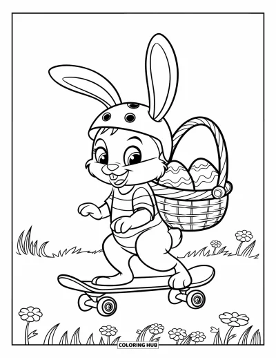 Coloriage de lapin de Pâques pour enfants : Un lapin en chemise rayée et casque roule en skateboard avec des œufs bondissants dans une prairie