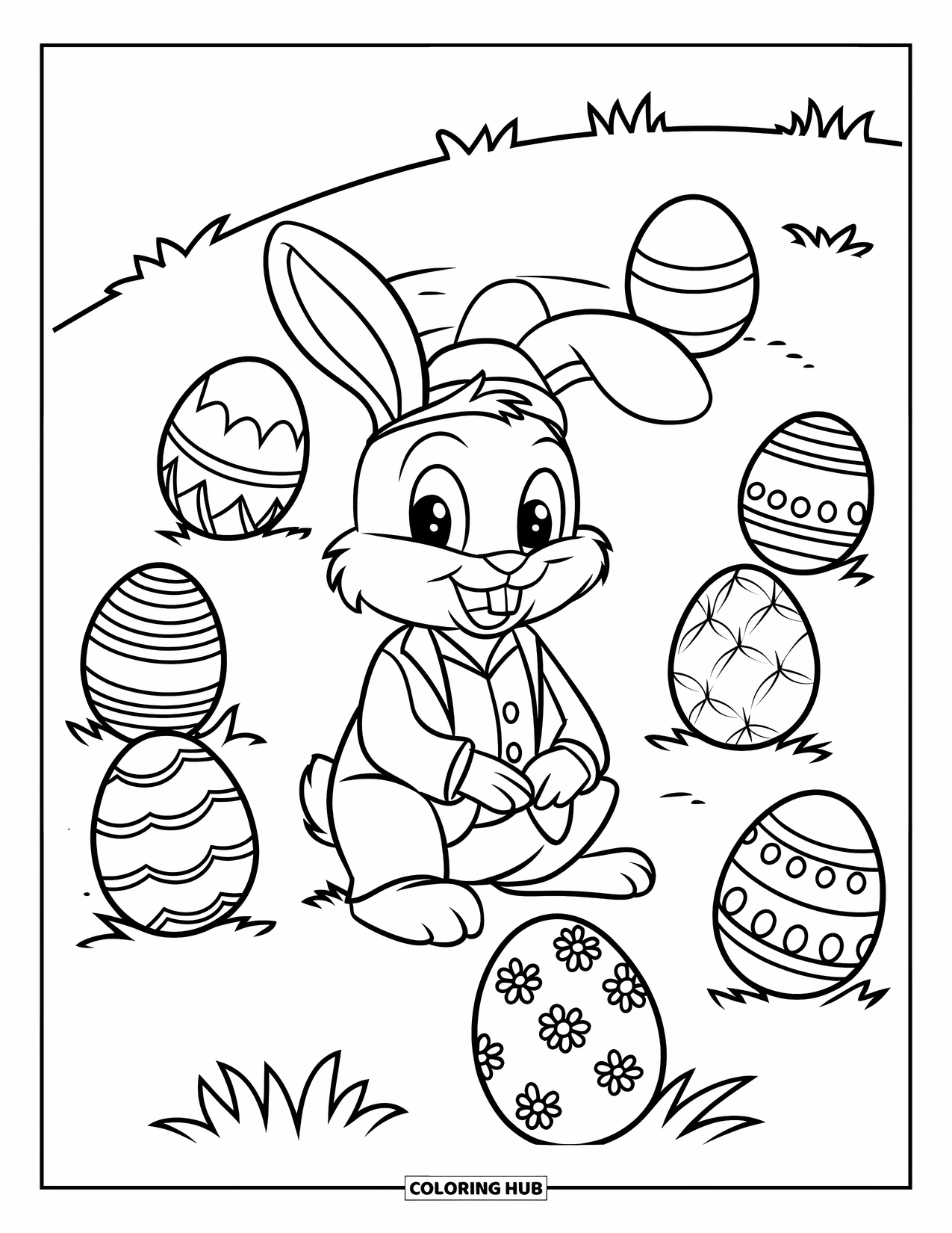 Desenho de Coelho da Páscoa para colorir para crianças: Um coelho de terno e chapéu está sentado em uma colina gramada, cercado por ovos de Páscoa decorados