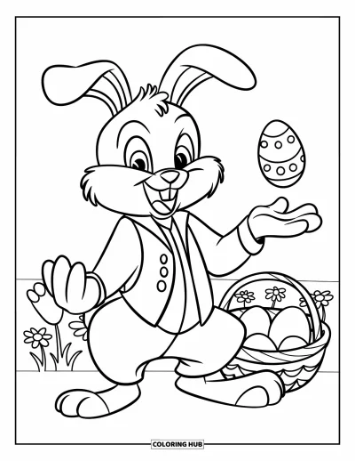 Coloriage de lapin de Pâques pour enfants : Un lapin en costume et gilet lance un œuf en s’amusant, avec un panier d’œufs à ses pieds