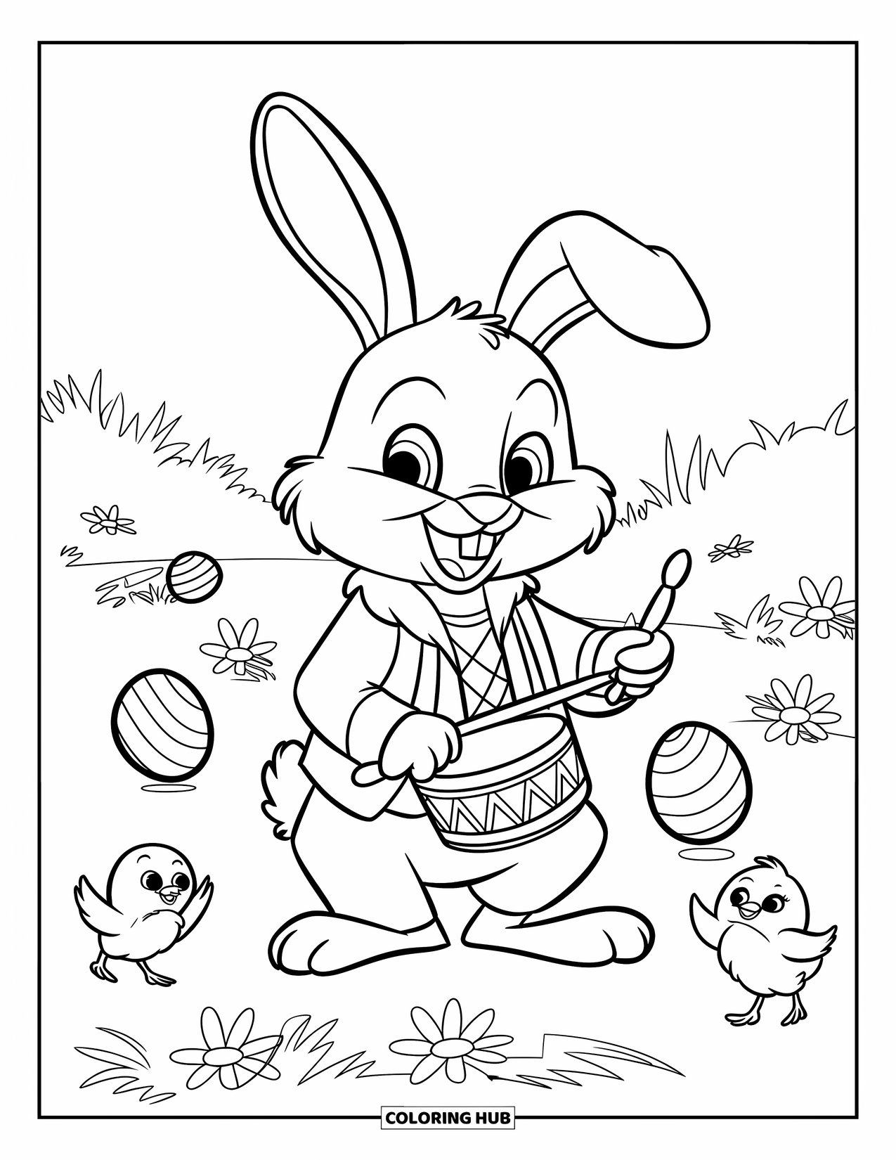 Desenho de Coelho da Páscoa para colorir para crianças: Um coelho de colete e chapéu toca um tambor enquanto pintinhos minúsculos pulam em um campo cheio de flores
