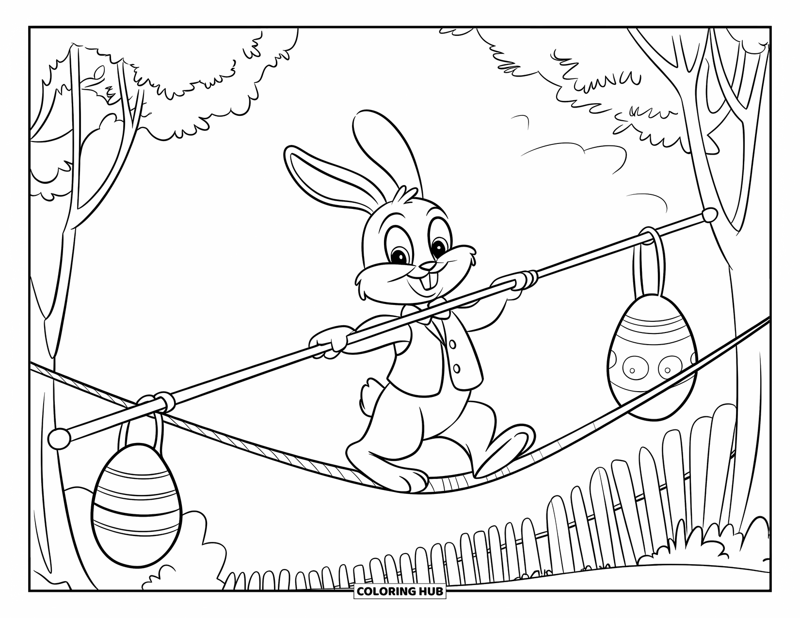 Desenho de Coelho da Páscoa para colorir para crianças: Um coelho de colete se equilibra em uma corda bamba alta, com árvores e uma cerca bem abaixo