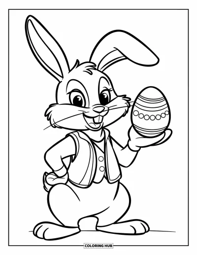 Coloriage de lapin de Pâques pour enfants : Un lapin en gilet présente un œuf avec assurance, comme s’il faisait un tour de magie