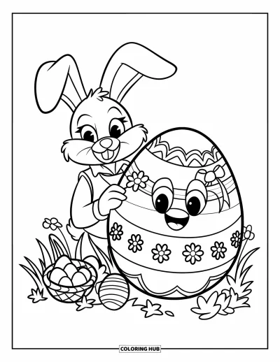 Coloriage de lapin de Pâques pour enfants : Un lapin en gilet passe la tête derrière un œuf de Pâques souriant décoré de fleurs