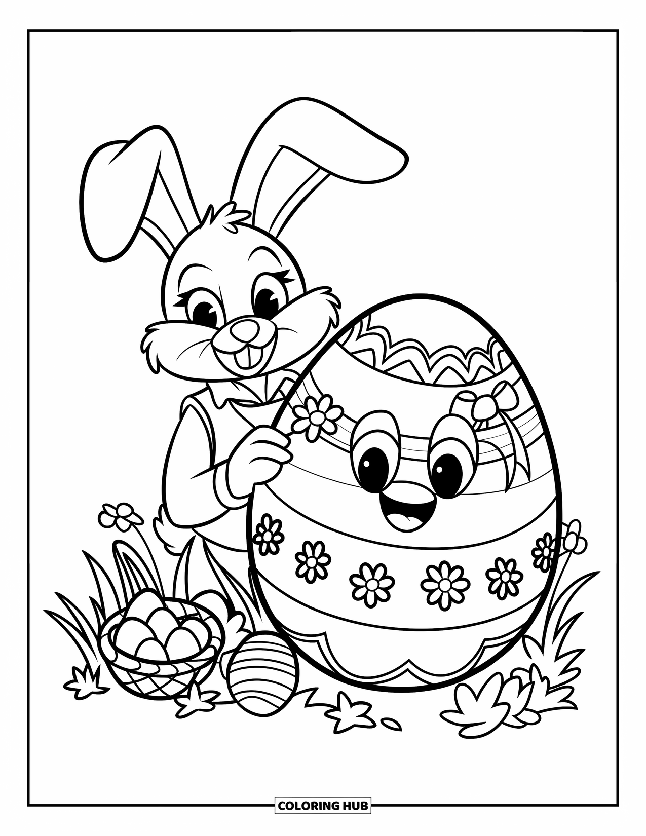 Desenho de Coelho da Páscoa para colorir para crianças: Um coelho de colete espreita por trás de um ovo de Páscoa sorridente decorado com flores