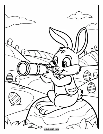 Coloriage de lapin de Pâques pour enfants : Un lapin en gilet est assis sur un rocher et utilise une longue-vue pour trouver des œufs de Pâques cachés