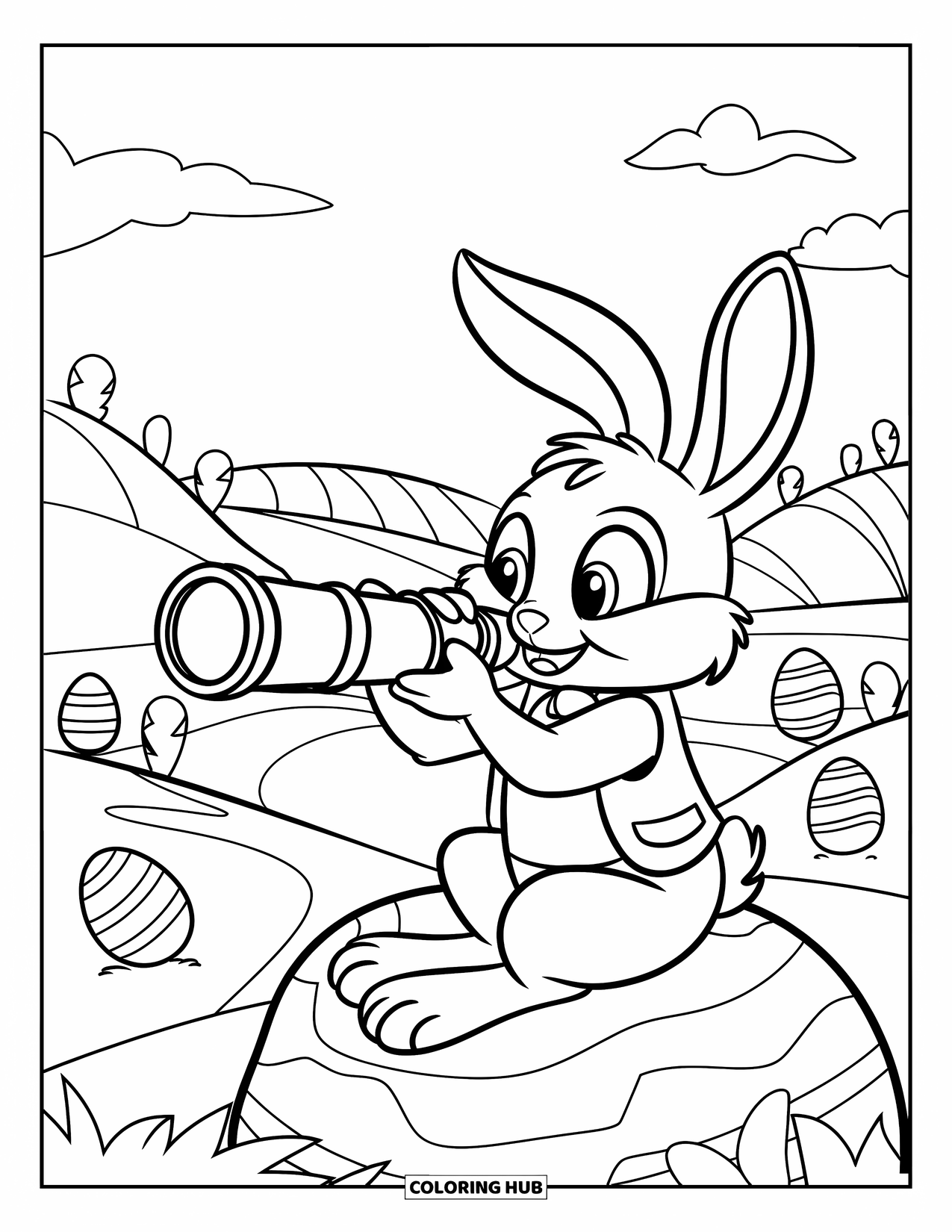 Desenho de Coelho da Páscoa para colorir para crianças: Um coelho de colete senta-se em uma pedra, usando um telescópio para encontrar ovos de Páscoa escondidos