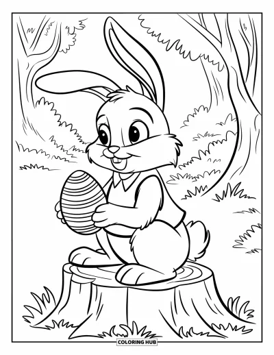 Coloriage de lapin de Pâques pour enfants : Un lapin en gilet est assis sur une souche d’arbre, tenant un œuf décoré dans une forêt paisible