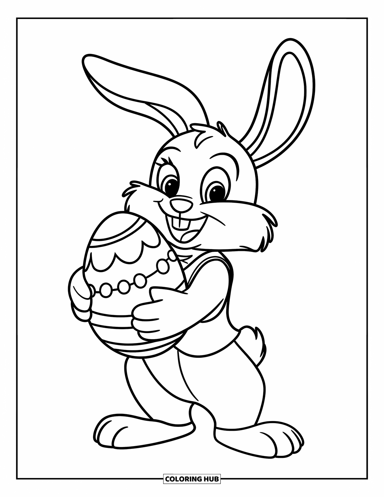 Desenho de Coelho da Páscoa para colorir para crianças: Um coelho de colete está em pé, segurando um ovo grande com ambas as patas e uma expressão alegre