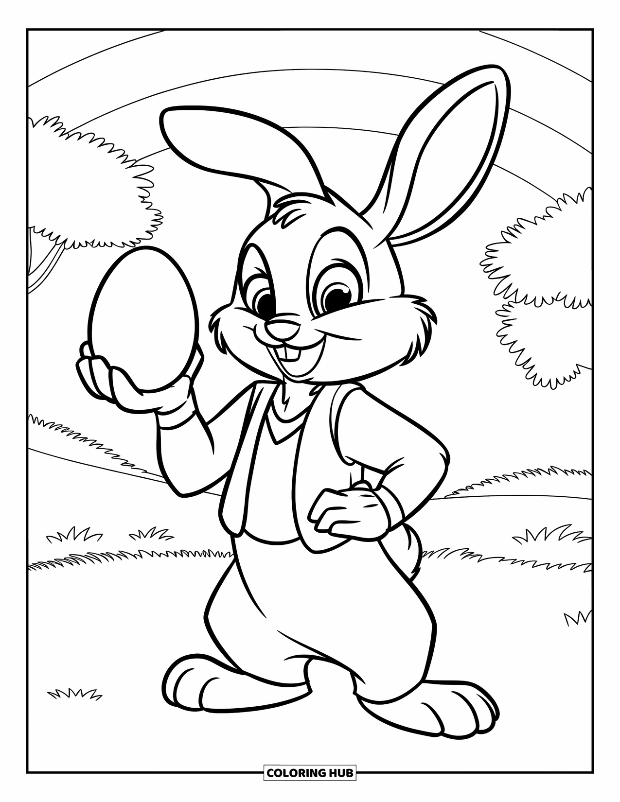 Desenho de Coelho da Páscoa para colorir para crianças: Um coelho de colete está em pé em um prado, segurando um ovo com algumas árvores ao fundo