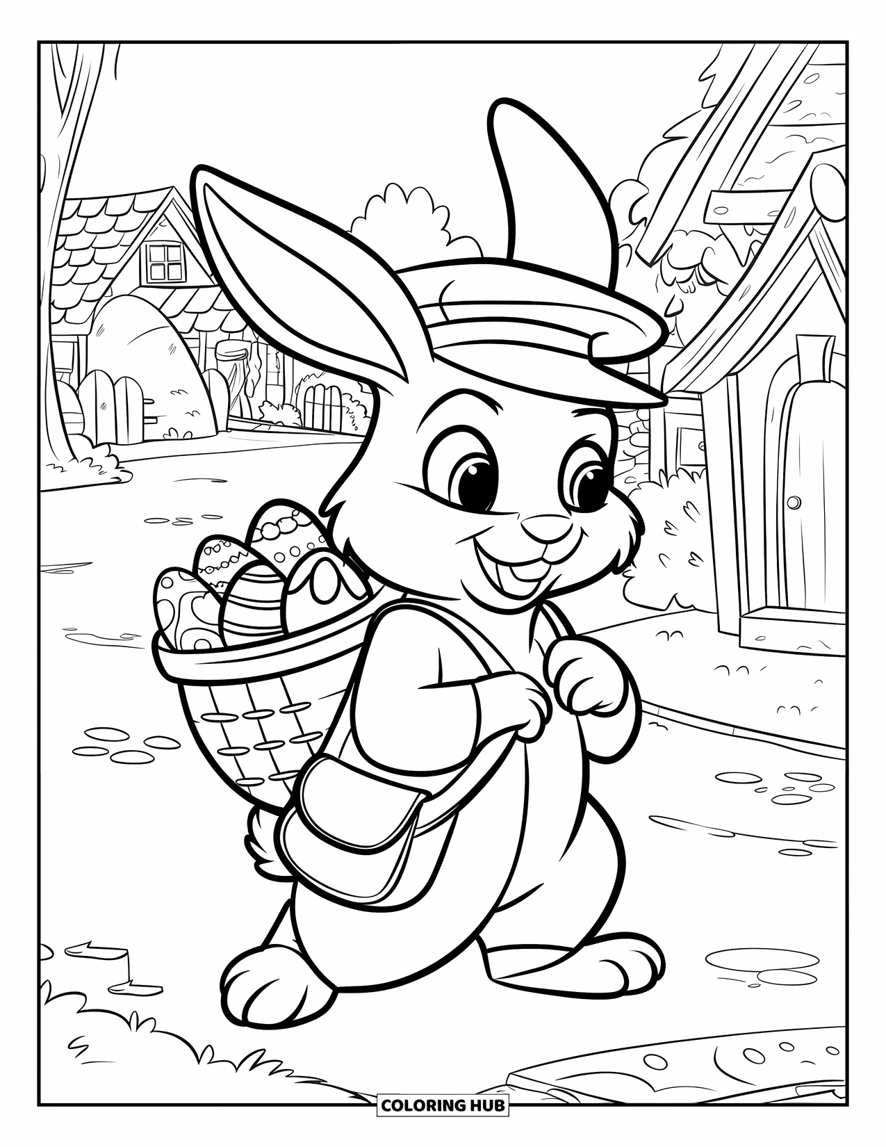 Desenho de Coelho da Páscoa para colorir para crianças: Um coelho carteiro carrega ovos em uma cesta, caminhando por uma vila charmosa
